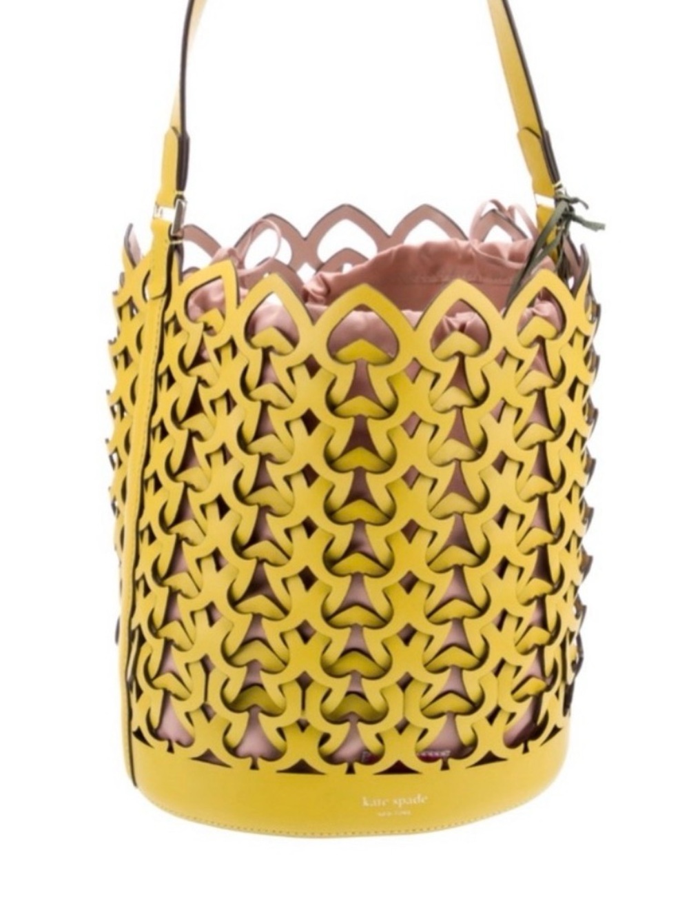 kate spade Yellow Cutout Leather Bucket Shoulder Bag with Pink Liner